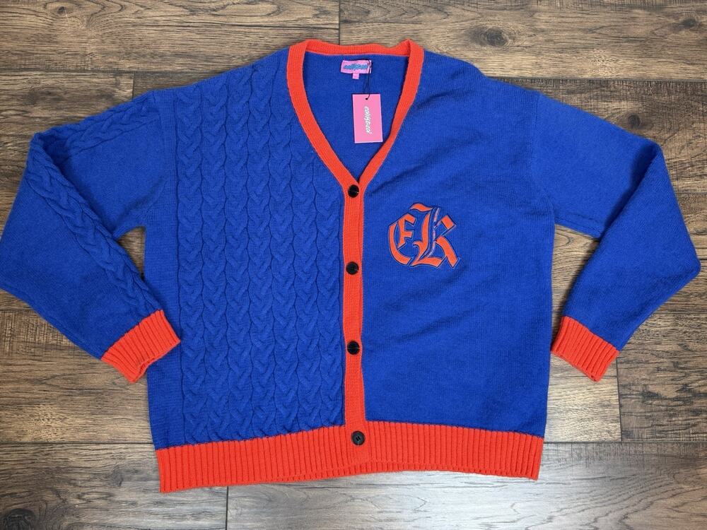 Edikted Women’s Oversized Varsity Cardigan Sweater Knit Logo Blue Orange M/L NWT